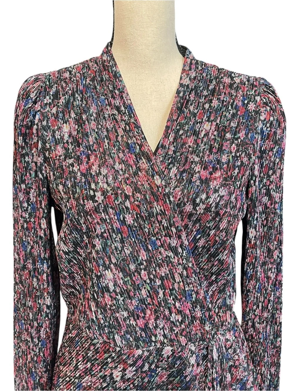 Saylor Bernadette draped faux wrap floral metallic long sleeve cocktail dress L - Picture 11 of 15